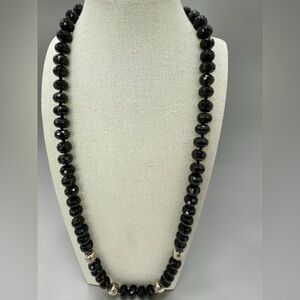 Faceted Black Onyx Beaded Necklace 26” Sterling Silver Beads Hand Knotted 123g